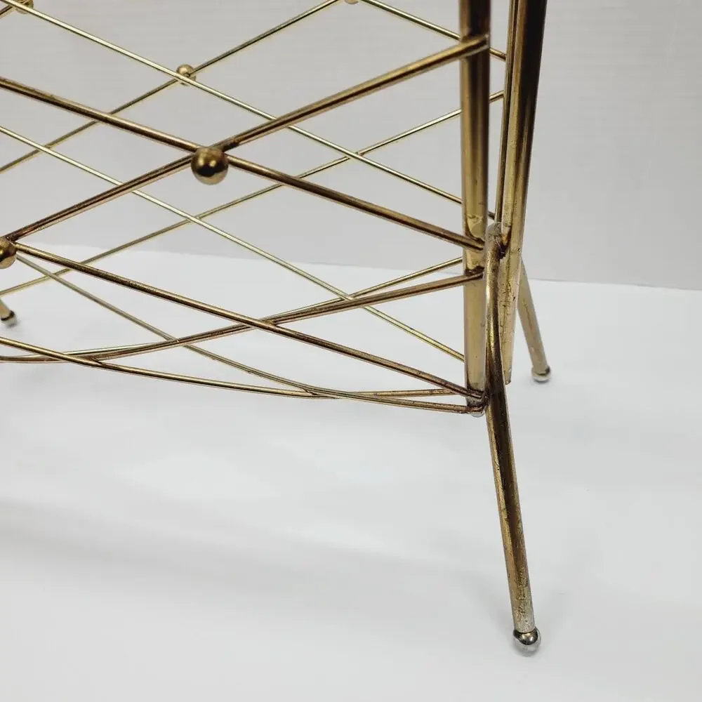 Vtg MCM ATOMIC Diamond Magazine Rack Holder Gold Brass Plate Wire Wrapped Handle